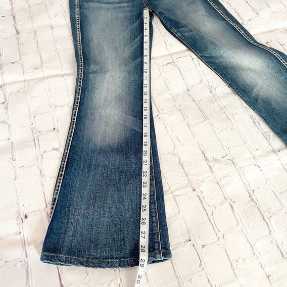 7 For All Mankind Blue Flare Mid Rise Jeans with Distressed Details 25 - Picture 7 of 9